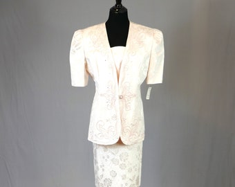 80s 90s NWT Formal Skirt Suit - Pale Pink Brocade - R&M Evenings by Karen Kwong - Deadstock Gantos - Vintage 1980s 1990s - L