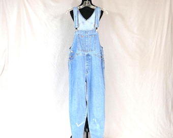 90s Distressed Denim Overalls - Bleach Stains, Missing Button - Blue Cotton Jean Bib Overalls - Rio by Stephen Mardon - Vintage 1990s - L
