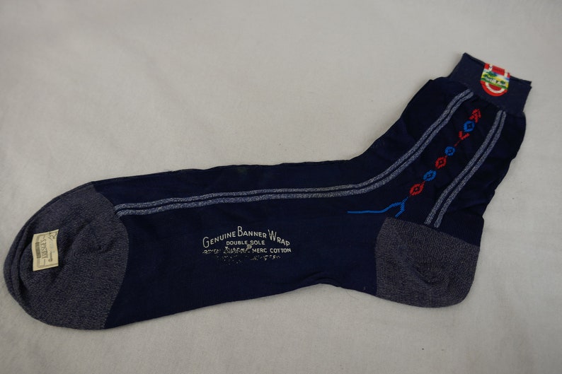 Men's Vintage Dress Socks NOS NWT New Unworn Deadstock Navy Blue w/ Red Wedgefield Kresge's Rayon Cotton Blend Mid-Century Hosiery image 4