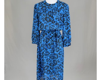 80s Blue Dress w/ Black Flowers - Periwinkle - Vintage 1980s - Size M L