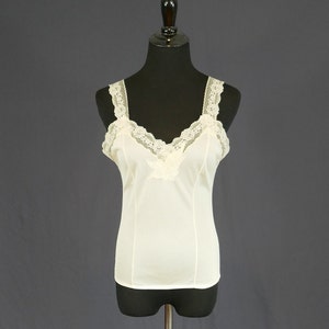 80s Light Beige Camisole - Lace Trim and Straps - Nylon Cami Blouse Slip - Vintage 1980s - Size S 34