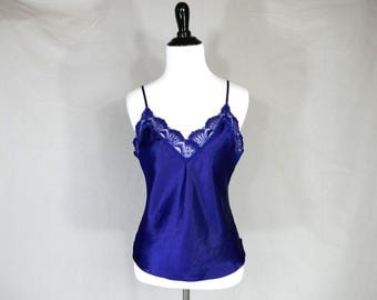 80s 90s Navy Blue Camisole - Victoria's Secret Gold Label - Lace Trim - Cami Blouse Slip - Vintage 1980s 1990s - S
