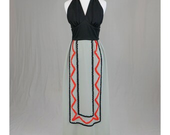 70s Halter Dress - Maxi Length - Gray Black Orange - Little Ruffle Trim - Polyester - Vintage 1970s - XS 24" waist
