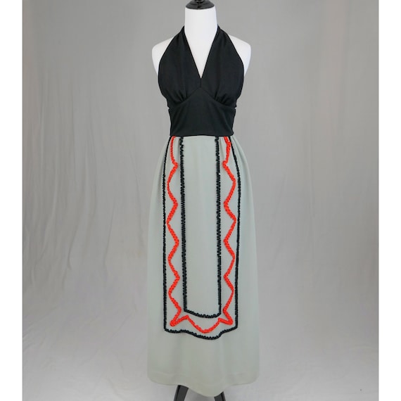 70s Halter Dress - Maxi Length - Gray Black Orang… - image 1