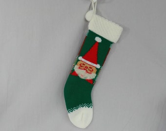 Vintage Knit Christmas Stocking - Santa Claus Head w/ Fuzzy Beard - Slender 18" long sock