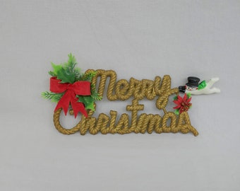 Vintage Merry Christmas Sign - Flexible Vinyl Plastic - Glittery Gold w/ Red Bow and Flying Snowman