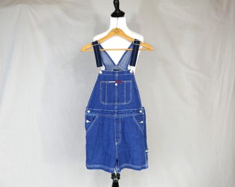 Vintage Tommy Jeans Shorts Overalls - Blue Cotton Jean Carpenter Bib Shortalls - Tommy Hilfiger - Vintage 2000 dated 11/00 - L