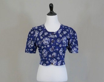 80s Cropped Top - Navy Blue, White Flowers - Button Front - Sleeves Gathered a bit - Knit Cotton - Lajaté - Vintage 1980s - M