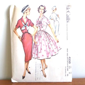 May include: A McCall's printed pattern envelope for a misses' dress with a slim or full skirt, numbered 4550. The illustration shows two dress variations: one in solid red and one in a light pink floral print, both featuring a collar and bow detail.