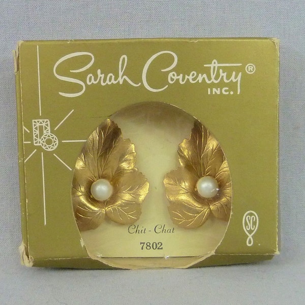 60s Sarah Coventry Earrings in Box - Goldtone Leaves Leaf Pearls - Clip On - Costume Jewelry - Dated 1960