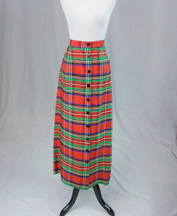 60s 70s Plaid Taffeta Maxi Skirt - 29" waist - Re… - image 2