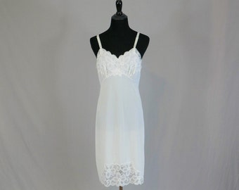 60s White Full Dress Slip - Lace Trim, Satin Flowers - Nylon Slip - Vintage 1960s - Size 34