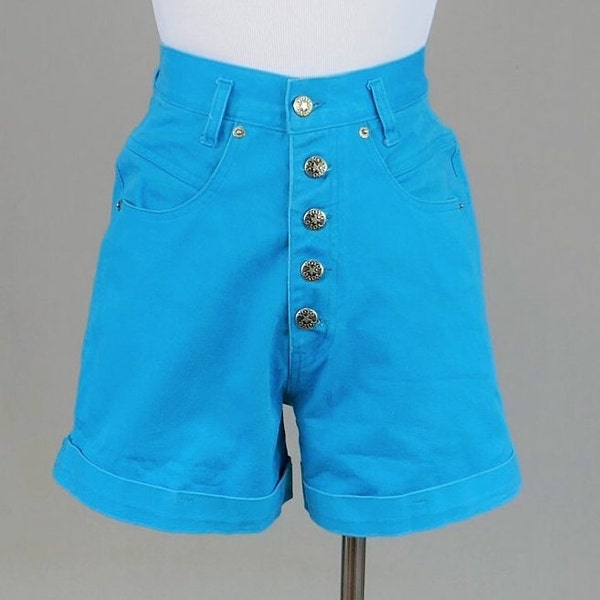 90s Bright Blue Jean Shorts -  24.5" waist - Cuffed Button Fly - Yoyo Jeans - High Rise - Cotton Denim - Vintage 1990s - XS