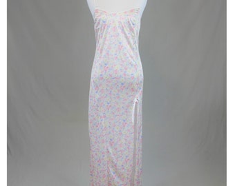 70s Long Pastel Floral Nightgown - White with Pink Blue Yellow and Green - Lace Trim Long Slit - Petra Fashions - Vintage 1970s - L
