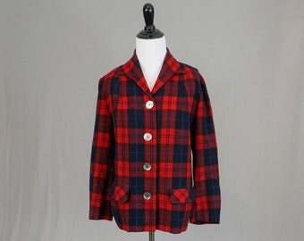 50s Pendleton Plaid Jacket - Red Navy Black Green Wool - Shell Buttons - Vintage 1950s - L