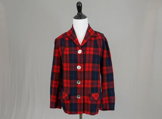 Vintage Pendleton Plaid Jacket - Red Navy Black Green Wool - Shell Buttons - 50s 1950s - L
