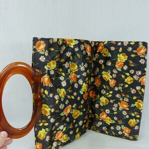 70s Foldover Snap Tote Bag Black Vinyl w/ Roses & Daisies in Orange Yellow Green Brown Vintage 1970s Handbag Purse image 3