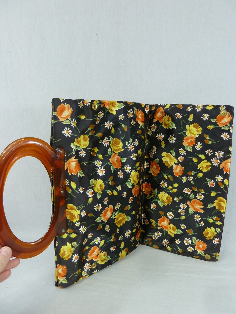 70s Foldover Snap Tote Bag Black Vinyl w/ Roses & Daisies in Orange Yellow Green Brown Vintage 1970s Handbag Purse image 3