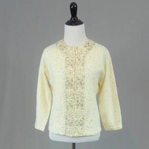 50s 60s Beaded Cardigan Sweater - Off-White Lambs Wool Angora Blend - Valentina Hong Kong - Vintage 1950s 1960s - S M