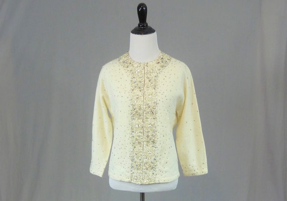 50s 60s Beaded Cardigan Sweater - Off-white Lambs Wool