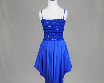 70s Disco Dress - Blue Sequins Stretch Bodice - Unusual Full Skirt - Diamond's Run - Vintage 1970s - S