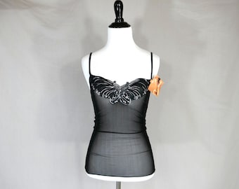Vintage NWT Sheer Black Camisole - Embroidered Butterfly - Femina Collection Cami - S