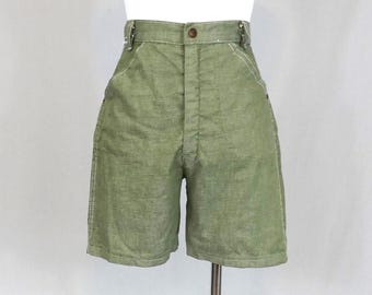 60s Dark Olive Green Shorts - 25" waist - High Rise - Vintage 1960s - XS