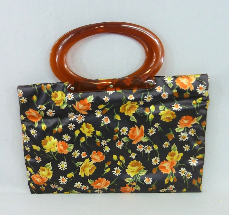 70s Foldover Snap Tote Bag Black Vinyl w/ Roses & Daisies in Orange Yellow Green Brown Vintage 1970s Handbag Purse image 1