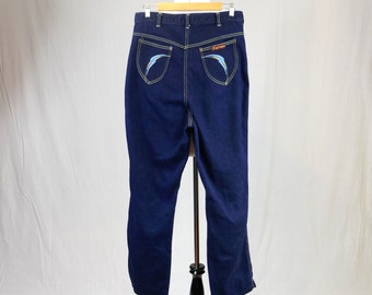 80s Embroidered Jeans - 32" waist - Very High Rise Waisted Jeans - Dark Blue Denim Pants - Cap Ferrat - 32" length