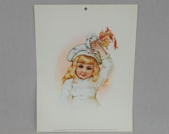 70s 80s Reproduction Victorian Print - Pretty Girl in White with Fall Leaves - Vintage 1970s 1980s - 8 1/2" x 11" or can trim to 8" x 10"