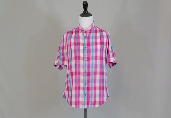 70s 80s Plaid Summer Blouse - Pink Purple Aqua Pe… - image 1