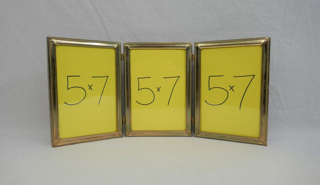 Vintage Trifold Hinged Picture Frame Triple Gold Tone Metal Frame W