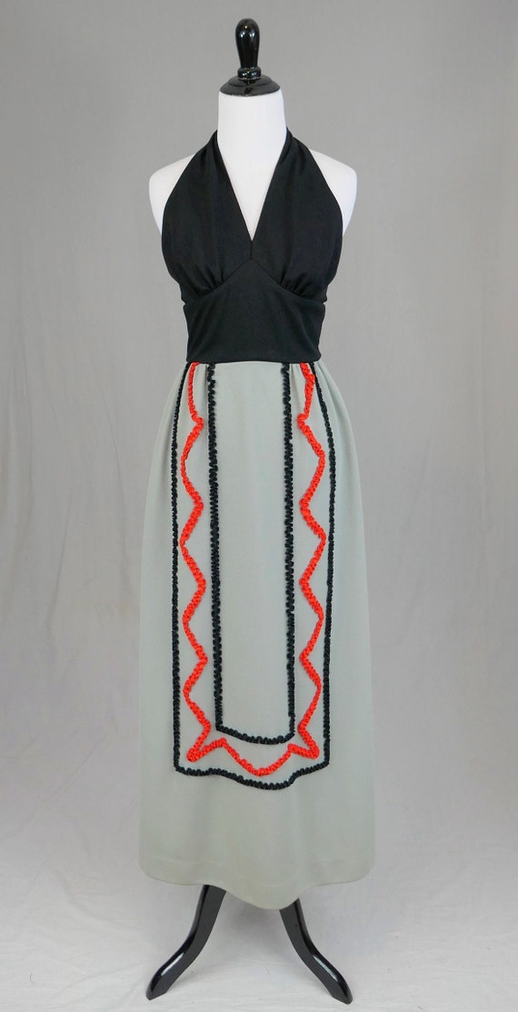 70s Halter Dress - Maxi Length - Gray Black Orang… - image 2