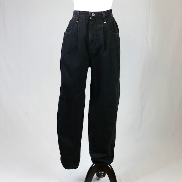 80s 90s Brittania Black Jeans - 27" waist - Pleated Relaxed Tapered Denim Pants - High Rise Waisted - Vintage 1980s 1990s - 29" length