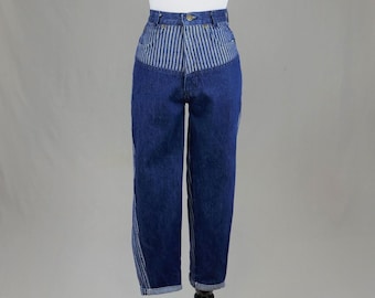 80s Striped Brooks Jeans - 23&quot; or snug 24&quot; waist - Blue Cotton Denim Pants - Vintage 1980s - hemmed 25&quot; inseam - XS XXS