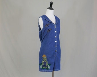 90s Denim Romper - Blue Jean Shortalls - Appliqued Frog, Dragonflies, Nautical Sailor Collar, Anchor Buttons - Haiks - Vintage 1990s - Large