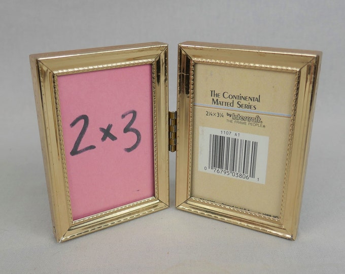 Small Vintage Hinged Double Picture Frame Gold Tone Metal W/ Glass