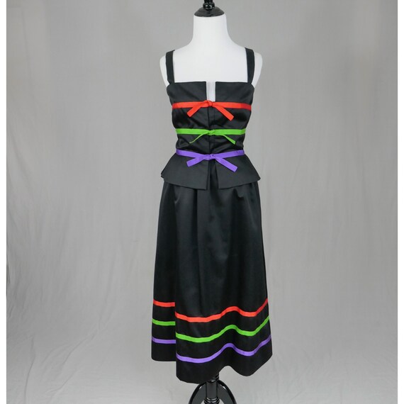80s Anthony Muto Dress Set - Formal Black Satin Bodice and Skirt - Red Green Purple Ribbon Detail - Sleeveless - Vintage 1980s - M