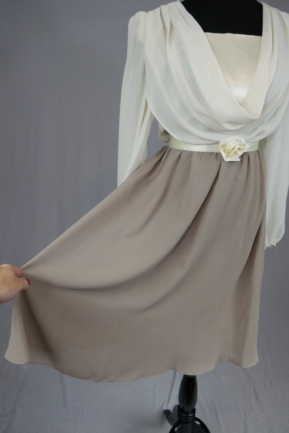 70s Party Dress - Deadstock Taupe Brown Cream Sem… - image 4