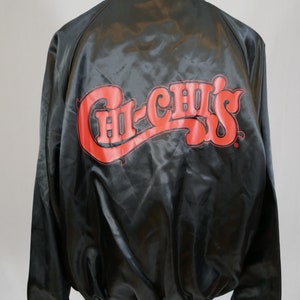 Ed's Vintage Chi-Chi's Satin Bomber Jacket Black with Red Snap Front Coat XL image 3