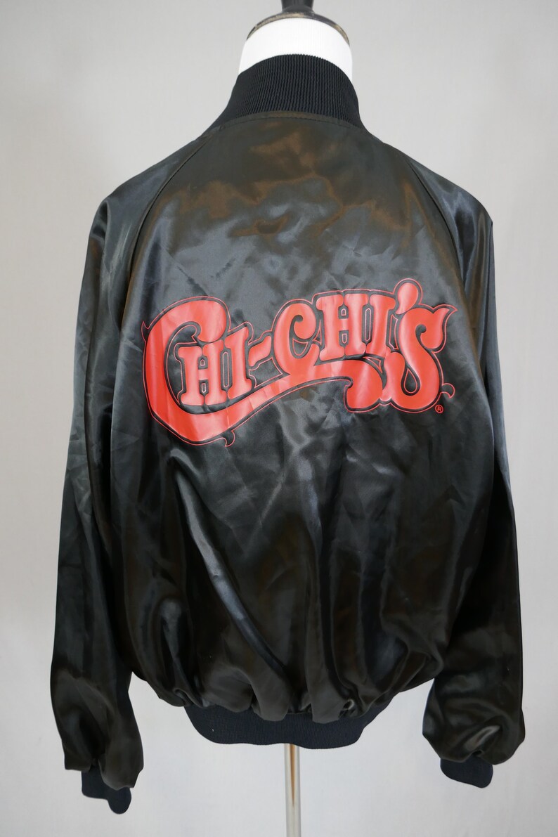 Ed's Vintage Chi-Chi's Satin Bomber Jacket Black with Red Snap Front Coat XL image 3