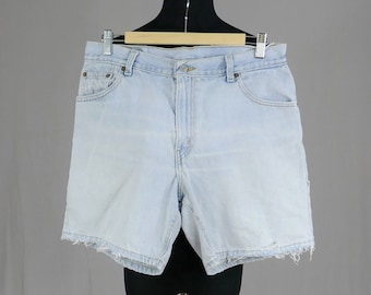 90s Levi's Jean Shorts - 32" waist - Distressed Fraying Holes Small Stain Faded - Mid Rise - Blue Cotton Denim - Vintage 1990s