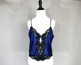 80s 90s Blue Black Camisole - Victoria's Secret Gold Label - Lace Trim - Cami Blouse Slip - Vintage 1980s 1990s - M