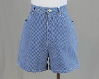 90s Striped Shorts - 32" waist - Blue with White Stripes - High Waisted - Cotton Denim Jean Style - Bill Blass Jeans - Vintage 1990s