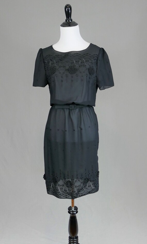 70s Sheer Black Dress - Embroidered Flowers Dots … - image 2