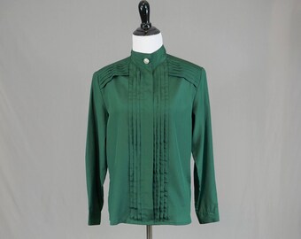 80s 90s Green Pleated Blouse - Long Sleeves, Shoulder Pads - Worthington - Vintage 1980s 1990s - M Petite