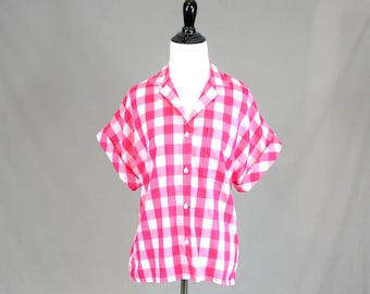 Vintage Pink White Gingham Check Blouse - Cuffed Short Sleeves - Button Front - White Stag - 80s 90s 1980s 1990s - S