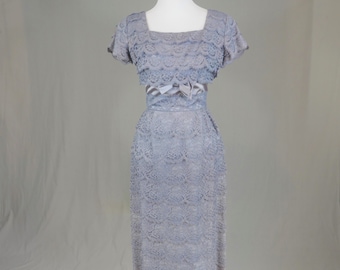 50s 60s Lace Cocktail Party Dress - Gray w/ a touch of Blue - Ferman O'Grady - Vintage 1950s 1960s - S