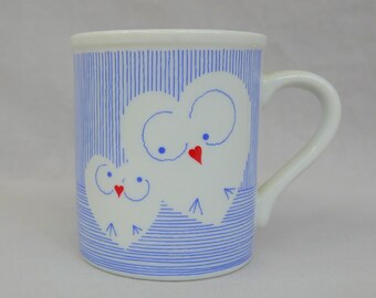 80s Owl Heart Coffee Mug - White w/ Blue Stripes Ceramic Cup - Toscany Collection, Japan - Vintage 1980s