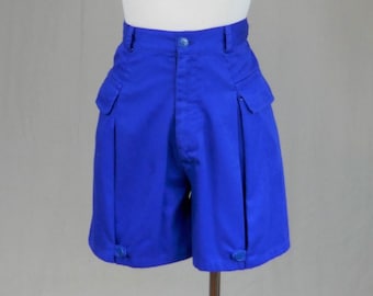 80s Vivid Blue Shorts - 24" waist - Unusual Inverted Pleat and Button Detail - High Waisted - Pretty Victory - Vintage 1980s - XS
